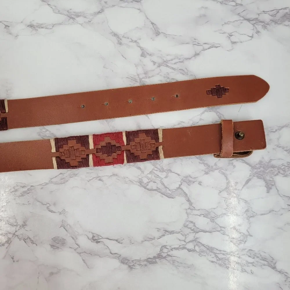 Loft Belt Leather Western Aztec Embroidered Brown and Red Patterned